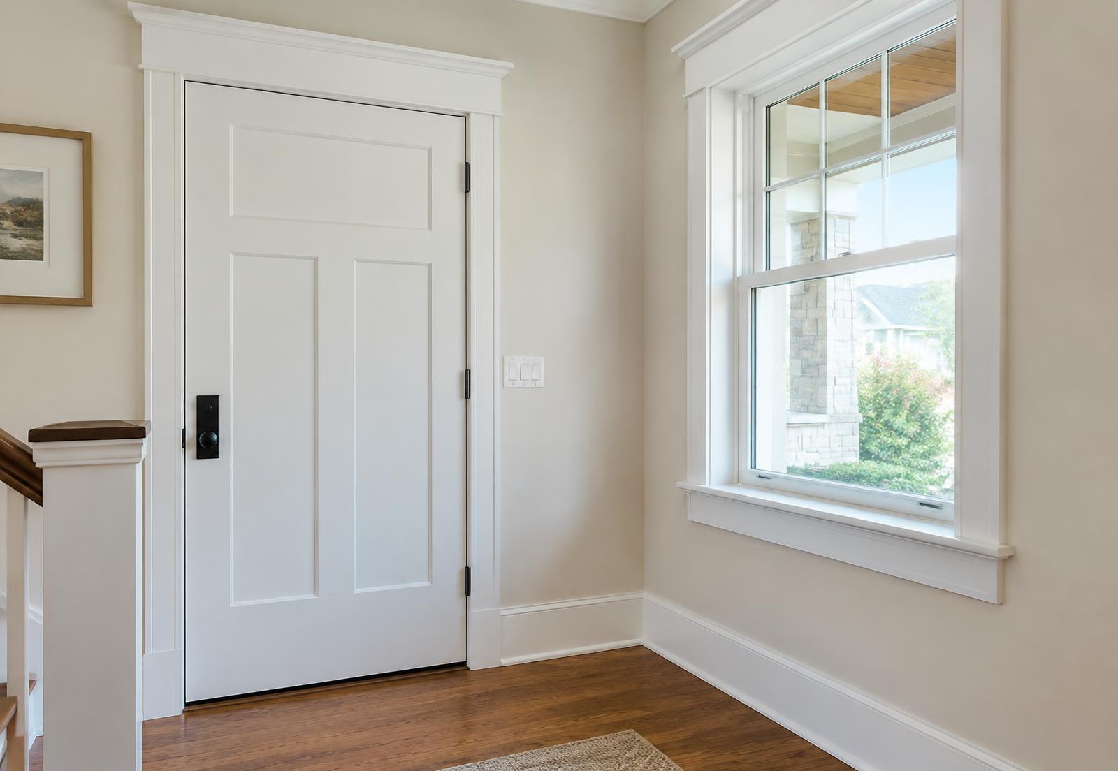 White craftsman interior door with clean trim next to a double-hung window in a bright hallway