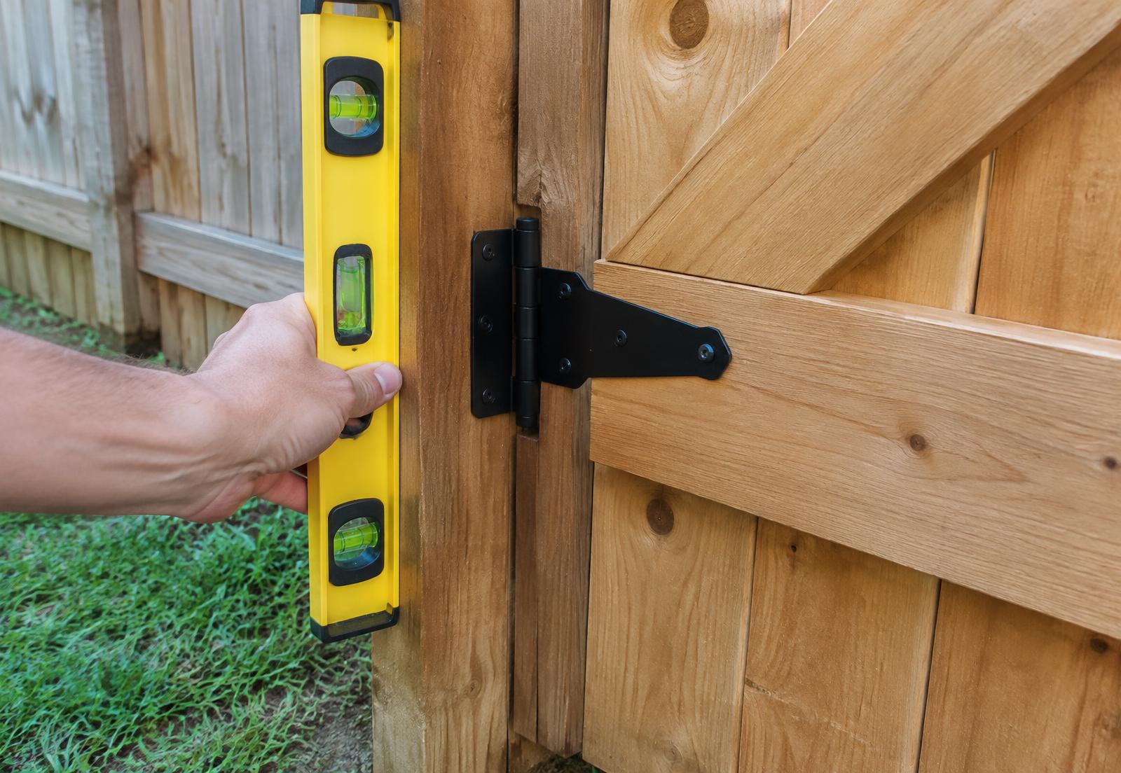 Hand holding a level against a wooden gate with a new hinge
