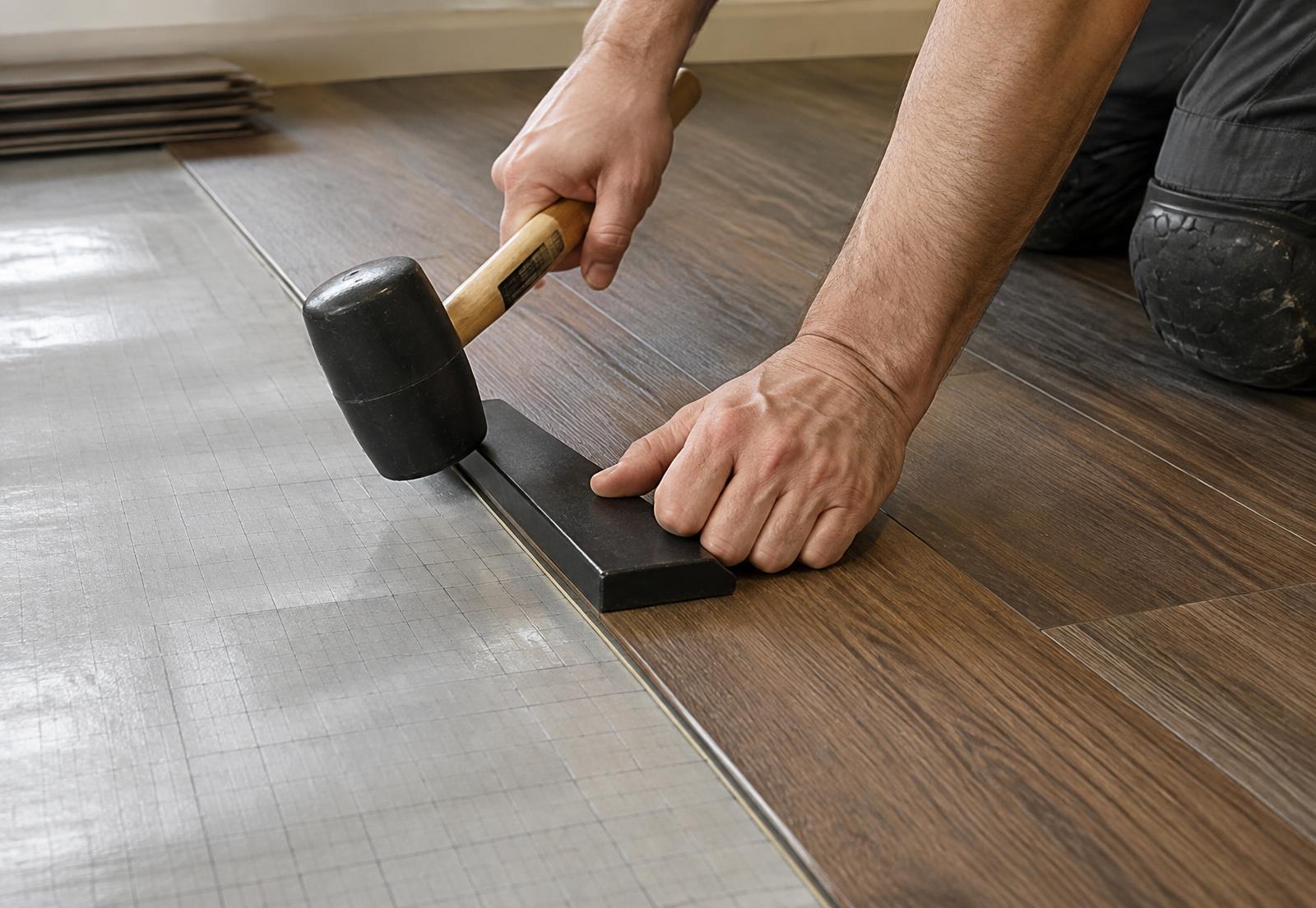Hands tapping vinyl plank flooring into place with a mallet