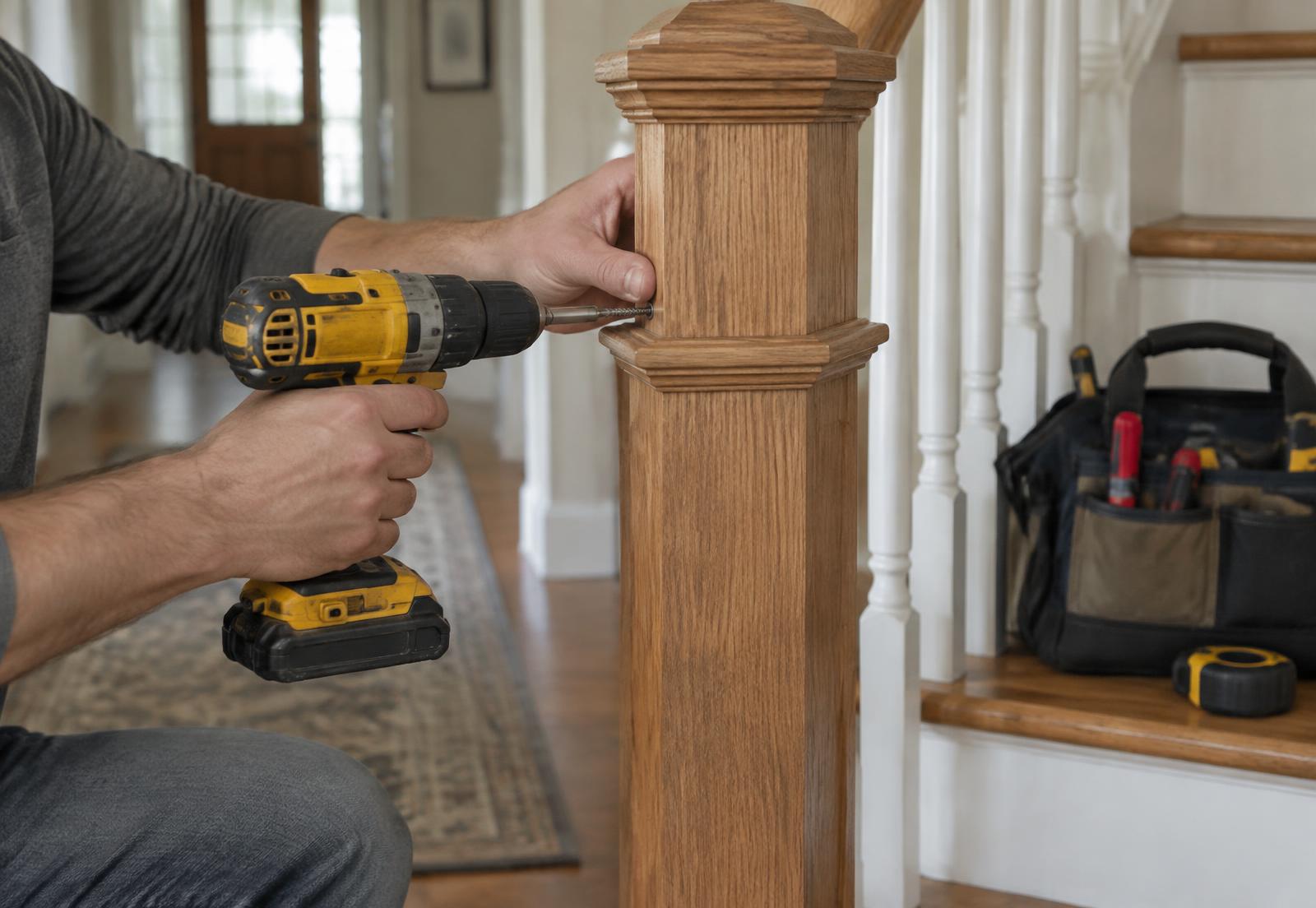 Hands securing a wooden stair newel post with a cordless drill