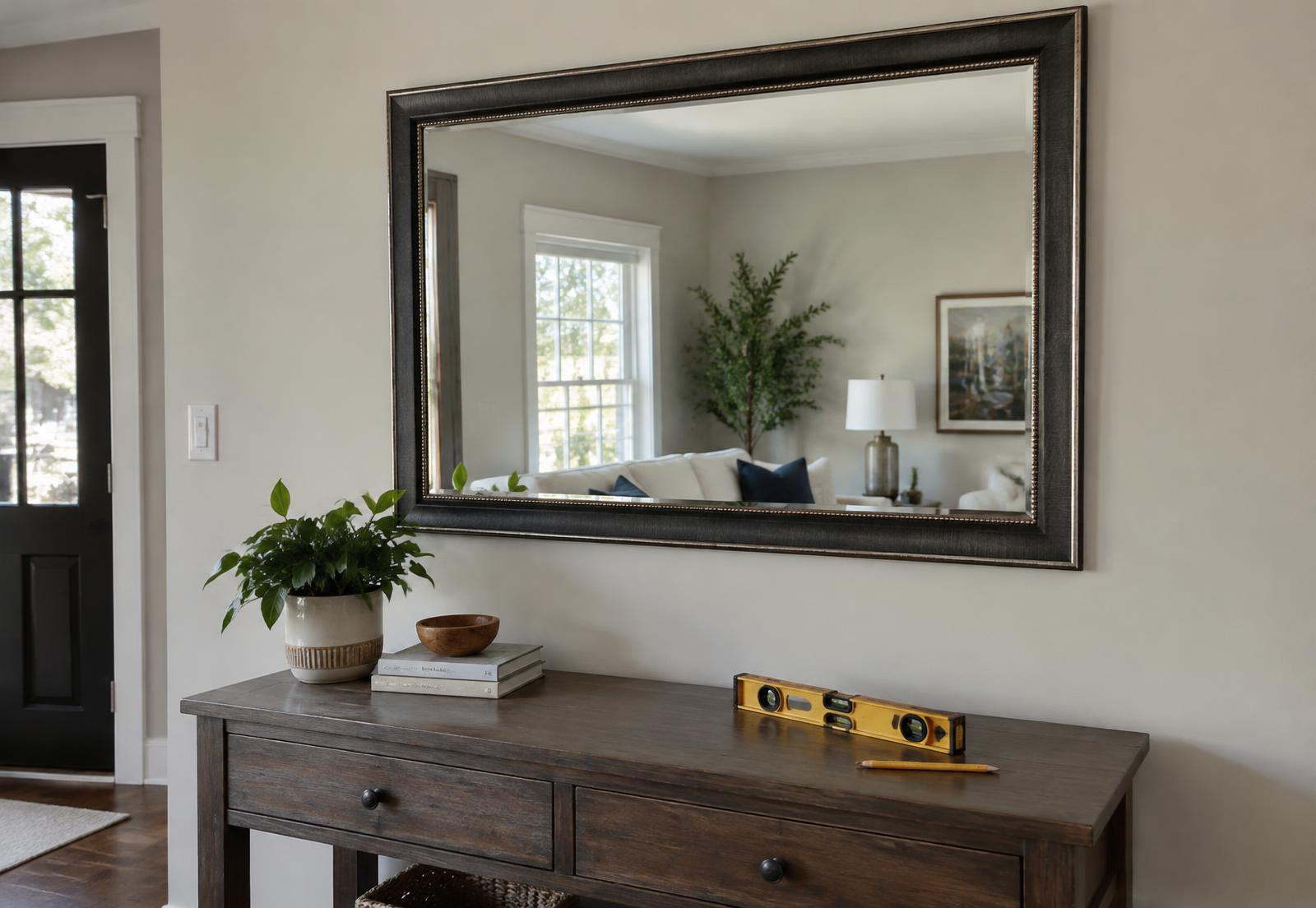Framed mirror hung above a console table with a level beside it