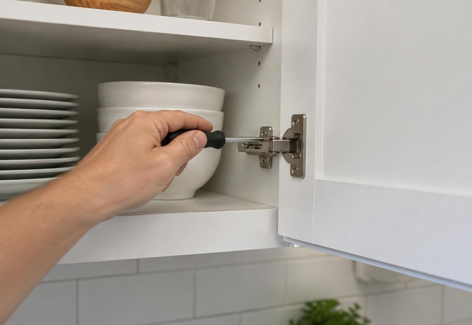 Hand adjusting a kitchen cabinet hinge with a screwdriver