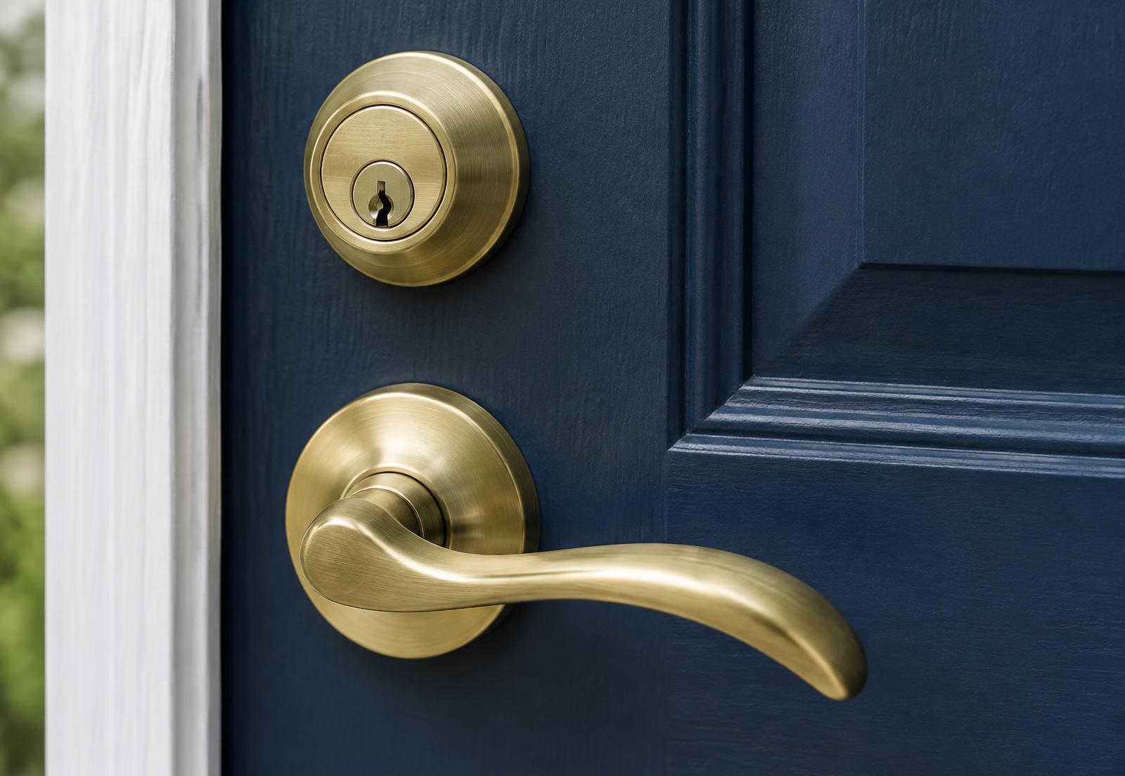Brushed brass deadbolt and lever handle on a navy blue front door