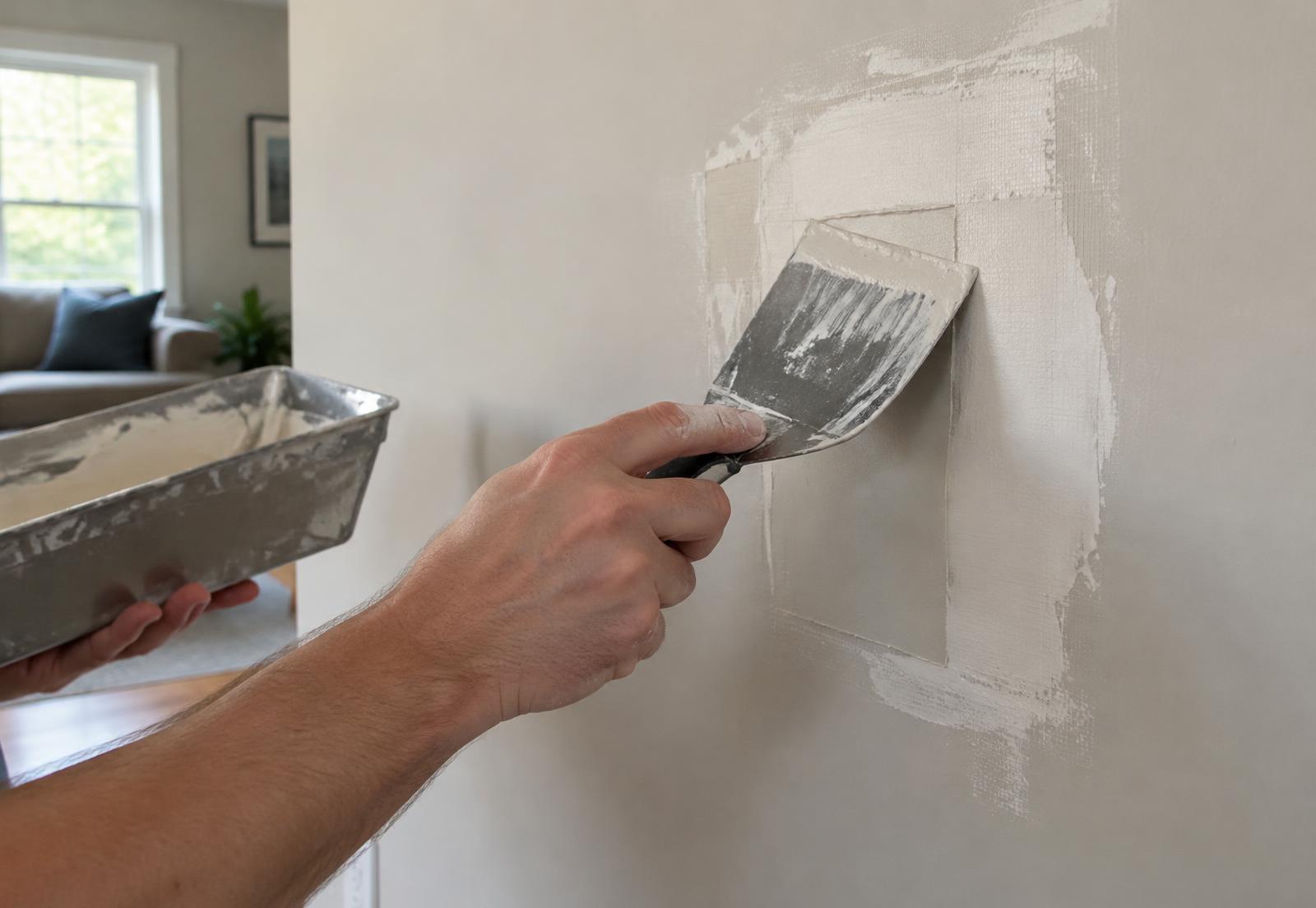 Putty knife smoothing joint compound over a drywall patch
