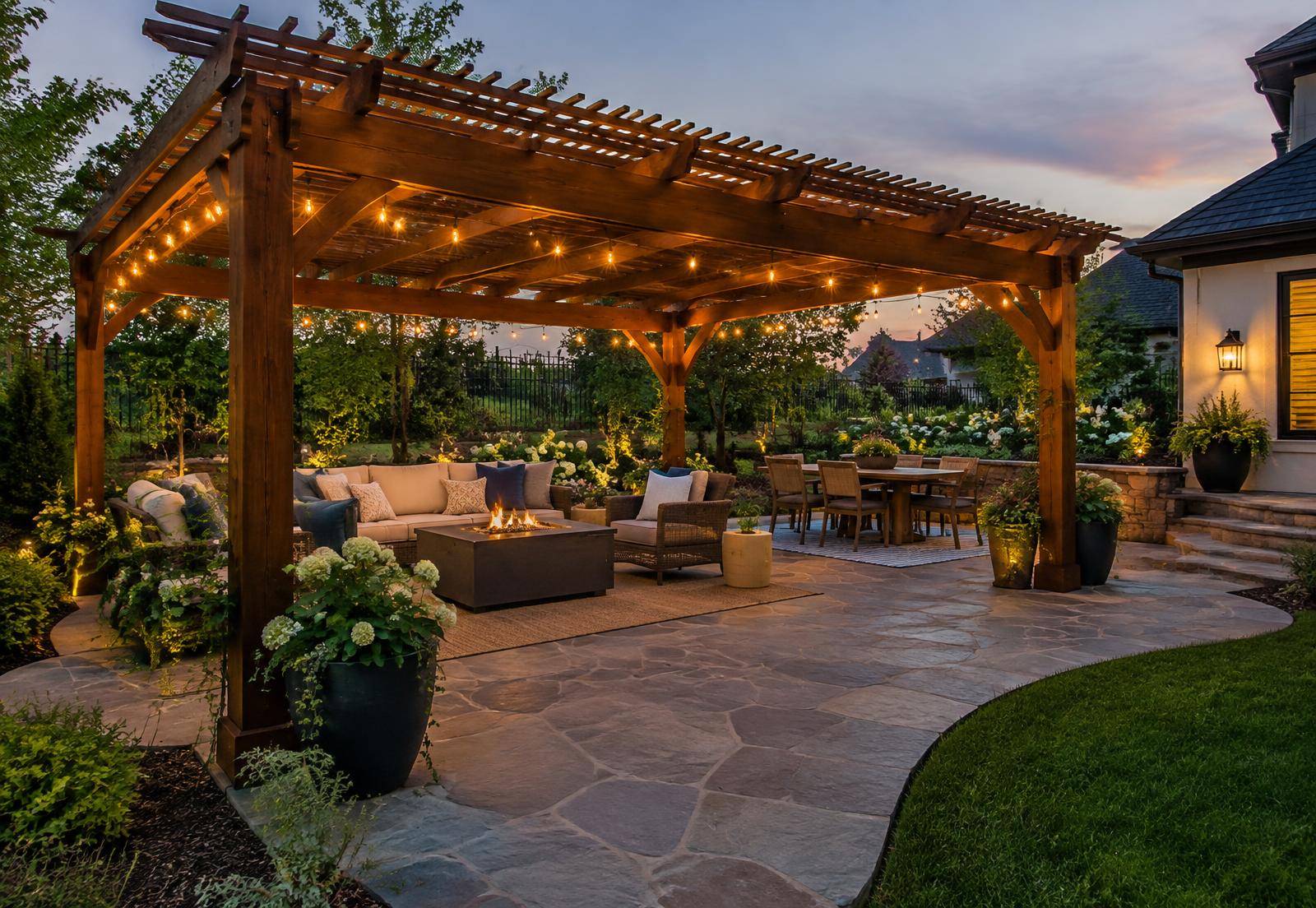 Wooden pergola with string lights over a stone patio with seating and a fire table at dusk